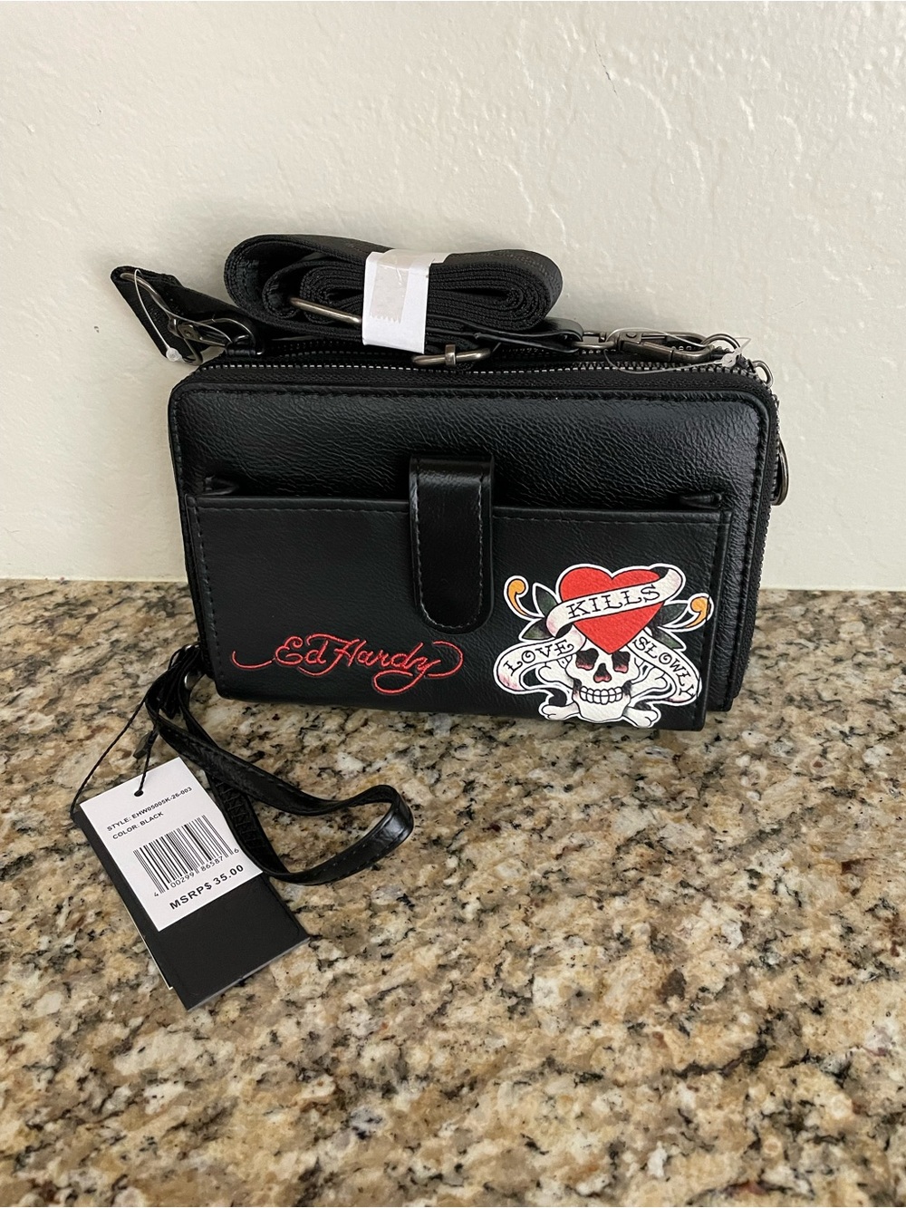 Ed Hardy Black Crossbody with Skull & Heart Patch